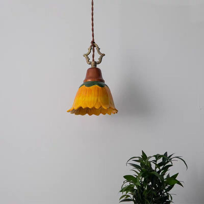 Traditional Japanese Ceramic Copper Wood Dome Floral 1-Light Pendant Light For Bedside