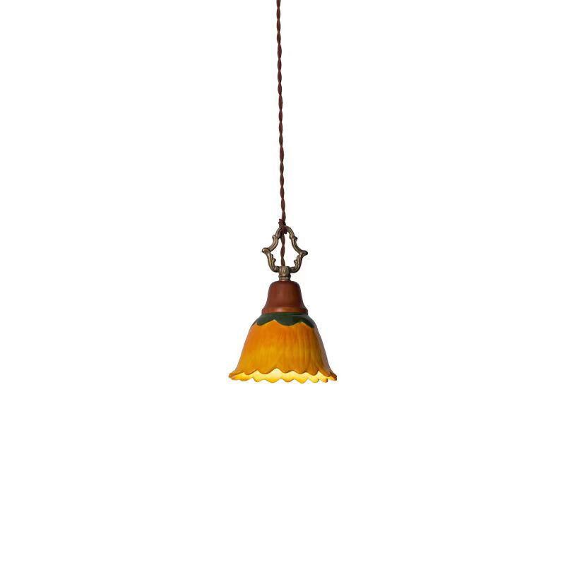 Traditional Japanese Ceramic Copper Wood Dome Floral 1-Light Pendant Light For Bedside