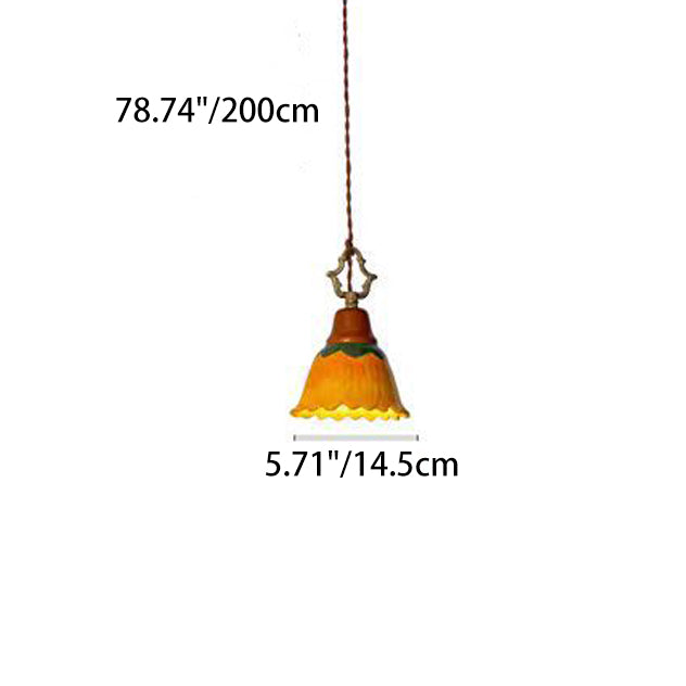 Traditional Japanese Ceramic Copper Wood Dome Floral 1-Light Pendant Light For Bedside