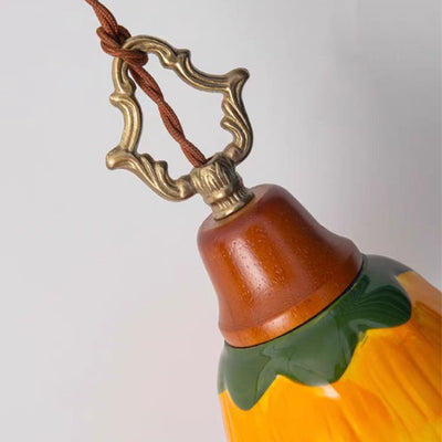 Traditional Japanese Ceramic Copper Wood Dome Floral 1-Light Pendant Light For Bedside