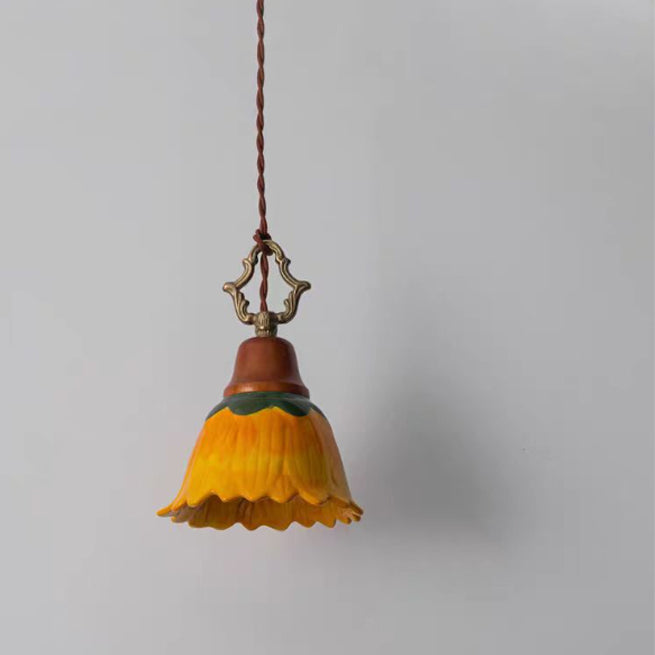 Traditional Japanese Ceramic Copper Wood Dome Floral 1-Light Pendant Light For Bedside