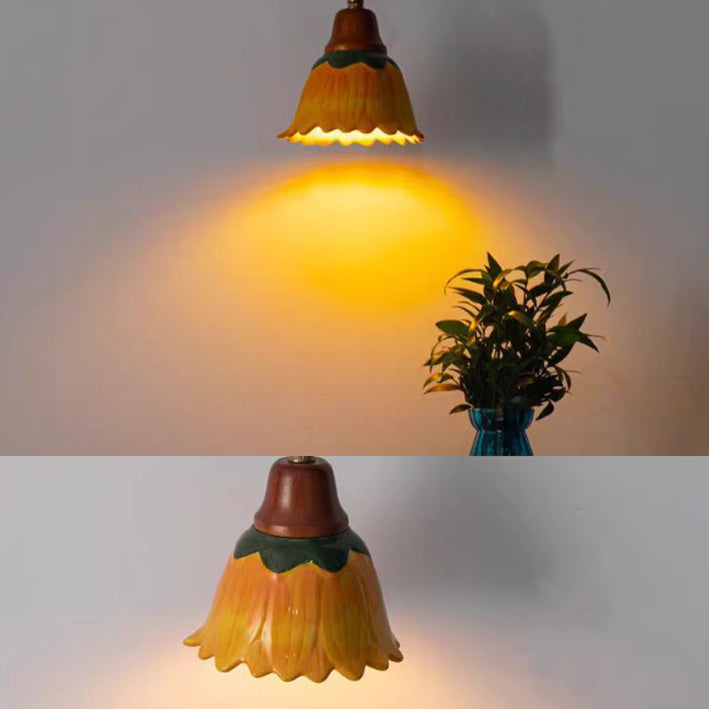 Traditional Japanese Ceramic Copper Wood Dome Floral 1-Light Pendant Light For Bedside