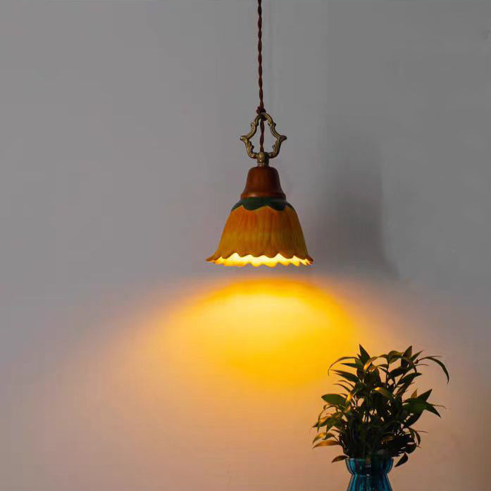 Lámpara colgante de 1 luz con cúpula de madera de cobre y cerámica japonesa tradicional floral para mesita de noche 