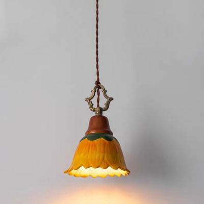 Traditional Japanese Ceramic Copper Wood Dome Floral 1-Light Pendant Light For Bedside