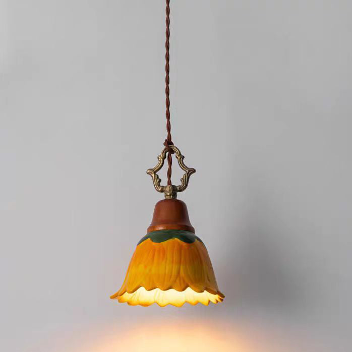 Traditional Japanese Ceramic Copper Wood Dome Floral 1-Light Pendant Light For Bedside