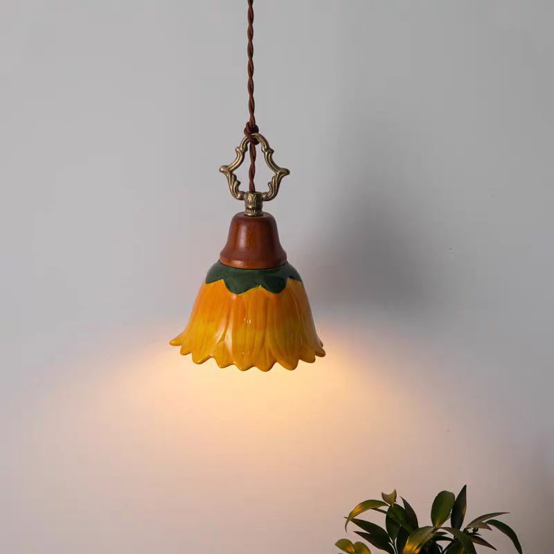 Traditional Japanese Ceramic Copper Wood Dome Floral 1-Light Pendant Light For Bedside