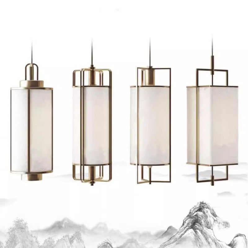 Traditional Chinese Iron Fabric Cylinder Lantern 1-Light Pendant Light For Dining Room