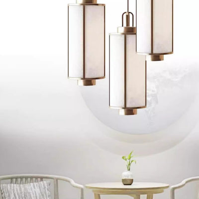 Traditional Chinese Iron Fabric Cylinder Lantern 1-Light Pendant Light For Dining Room