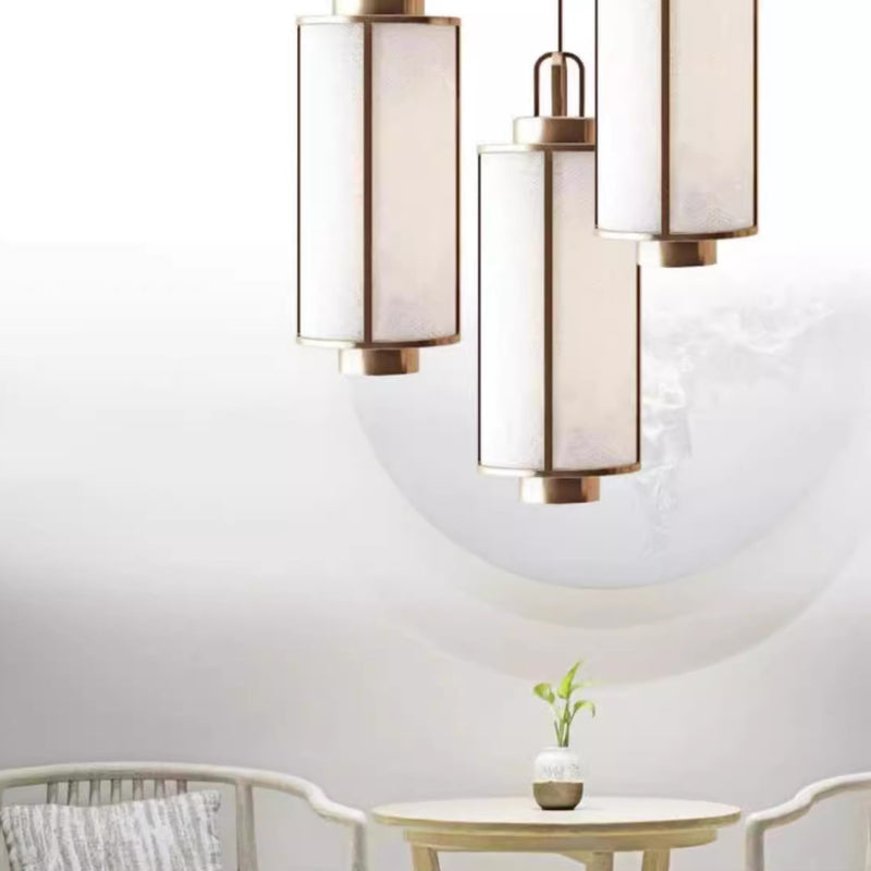 Traditional Chinese Iron Fabric Cylinder Lantern 1-Light Pendant Light For Dining Room