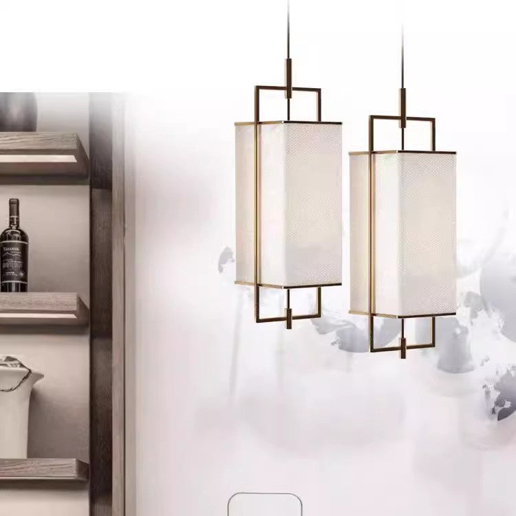 Traditional Chinese Iron Fabric Cylinder Lantern 1-Light Pendant Light For Dining Room