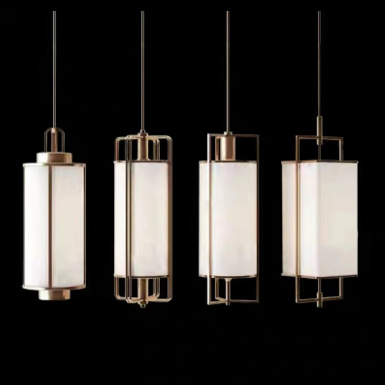 Traditional Chinese Iron Fabric Cylinder Lantern 1-Light Pendant Light For Dining Room