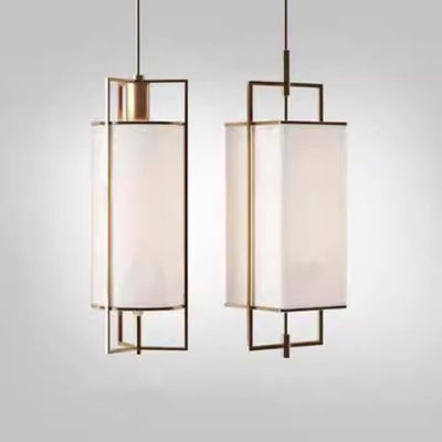 Traditional Chinese Iron Fabric Cylinder Lantern 1-Light Pendant Light For Dining Room