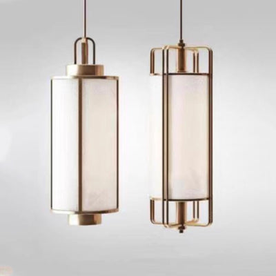 Traditional Chinese Iron Fabric Cylinder Lantern 1-Light Pendant Light For Dining Room