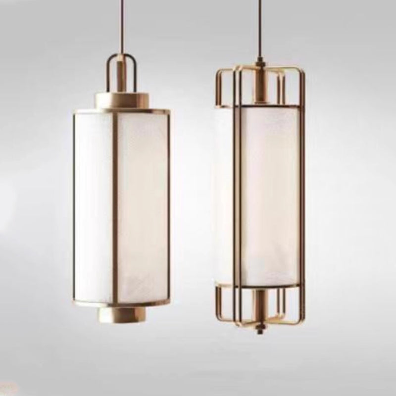 Traditional Chinese Iron Fabric Cylinder Lantern 1-Light Pendant Light For Dining Room