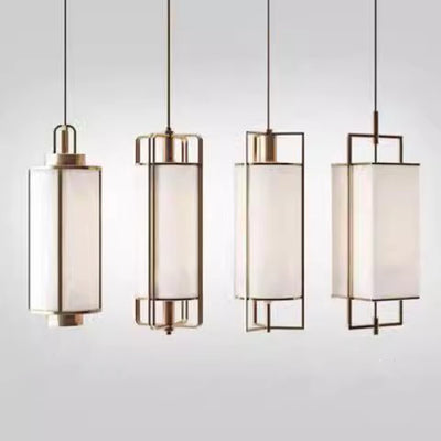 Traditional Chinese Iron Fabric Cylinder Lantern 1-Light Pendant Light For Dining Room