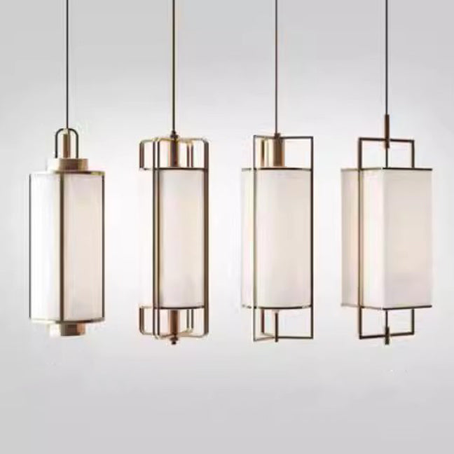 Traditional Chinese Iron Fabric Cylinder Lantern 1-Light Pendant Light For Dining Room