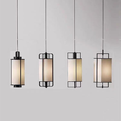 Traditional Chinese Iron Fabric Cylinder Lantern 1-Light Pendant Light For Dining Room
