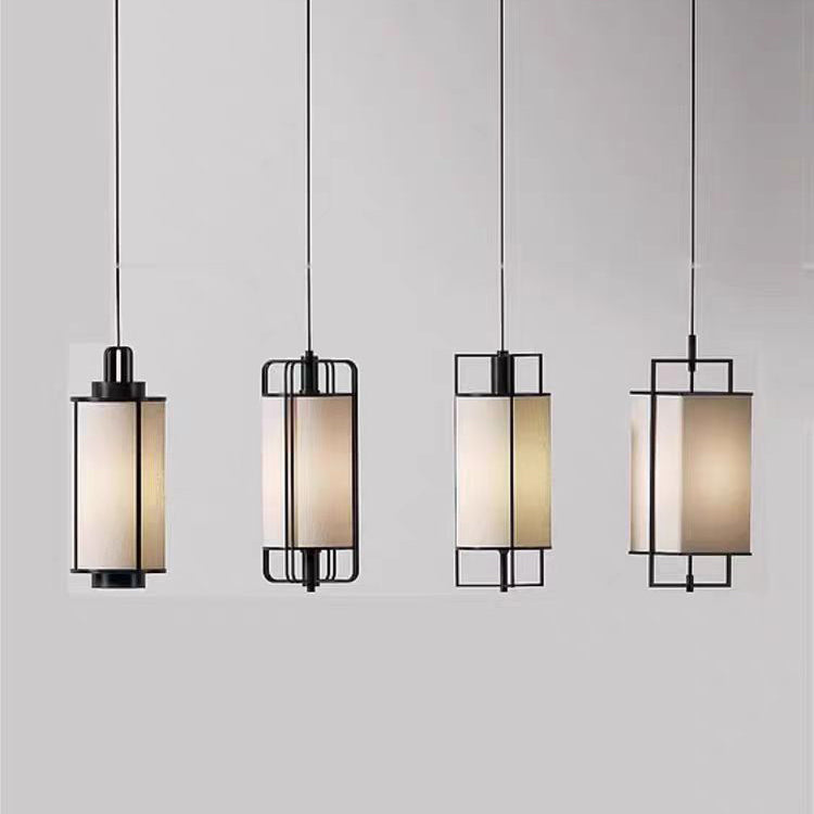 Traditional Chinese Iron Fabric Cylinder Lantern 1-Light Pendant Light For Dining Room