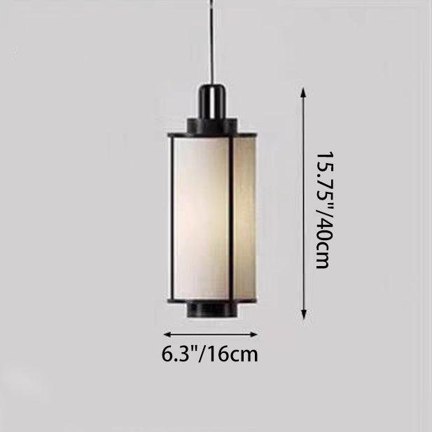 Traditional Chinese Iron Fabric Cylinder Lantern 1-Light Pendant Light For Dining Room