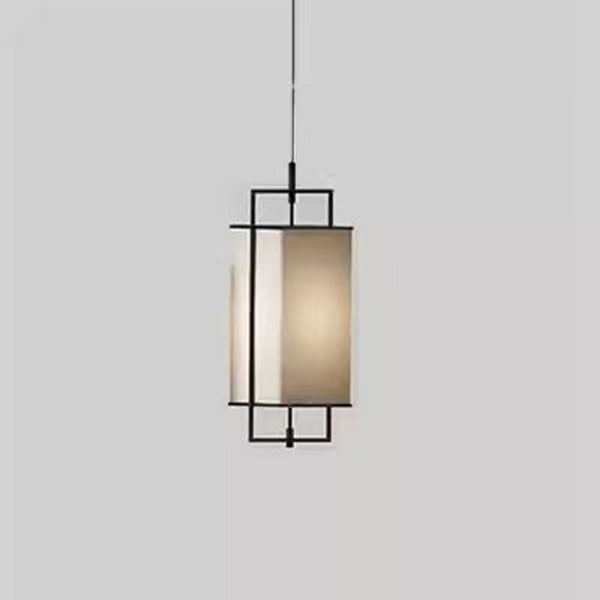 Traditional Chinese Iron Fabric Cylinder Lantern 1-Light Pendant Light For Dining Room
