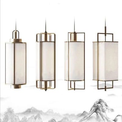 Traditional Chinese Iron Fabric Cylinder Lantern 1-Light Pendant Light For Dining Room