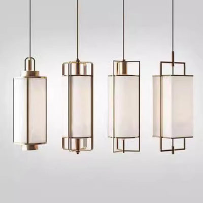 Traditional Chinese Iron Fabric Cylinder Lantern 1-Light Pendant Light For Dining Room