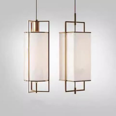 Traditional Chinese Iron Fabric Cylinder Lantern 1-Light Pendant Light For Dining Room