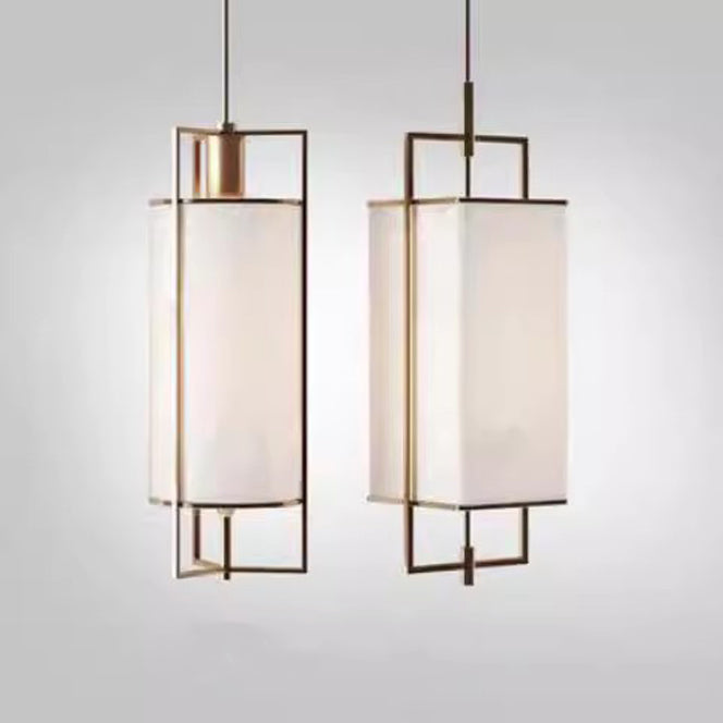 Traditional Chinese Iron Fabric Cylinder Lantern 1-Light Pendant Light For Dining Room