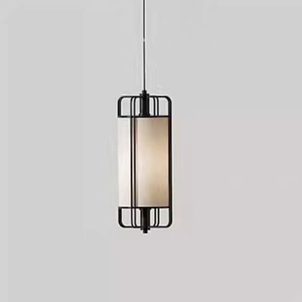 Traditional Chinese Iron Fabric Cylinder Lantern 1-Light Pendant Light For Dining Room