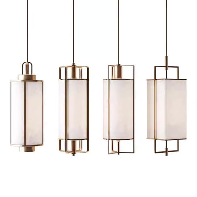 Traditional Chinese Iron Fabric Cylinder Lantern 1-Light Pendant Light For Dining Room