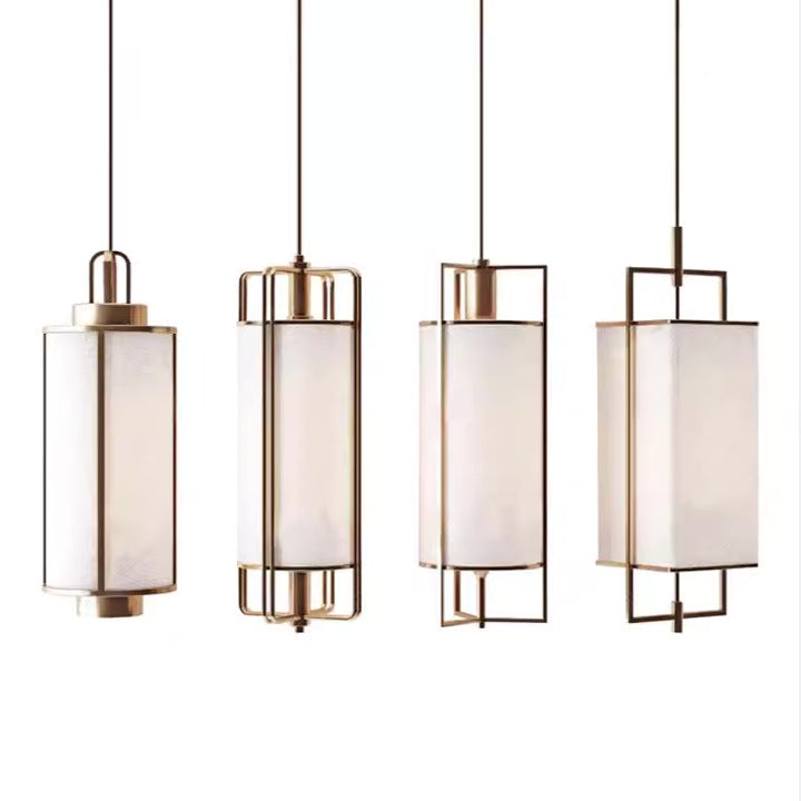 Traditional Chinese Iron Fabric Cylinder Lantern 1-Light Pendant Light For Dining Room