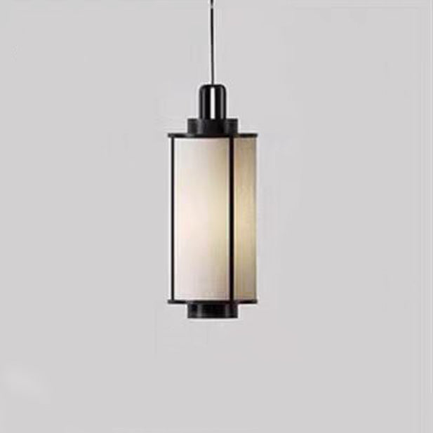 Traditional Chinese Iron Fabric Cylinder Lantern 1-Light Pendant Light For Dining Room