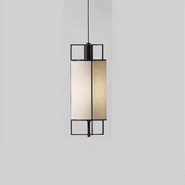 Traditional Chinese Iron Fabric Cylinder Lantern 1-Light Pendant Light For Dining Room