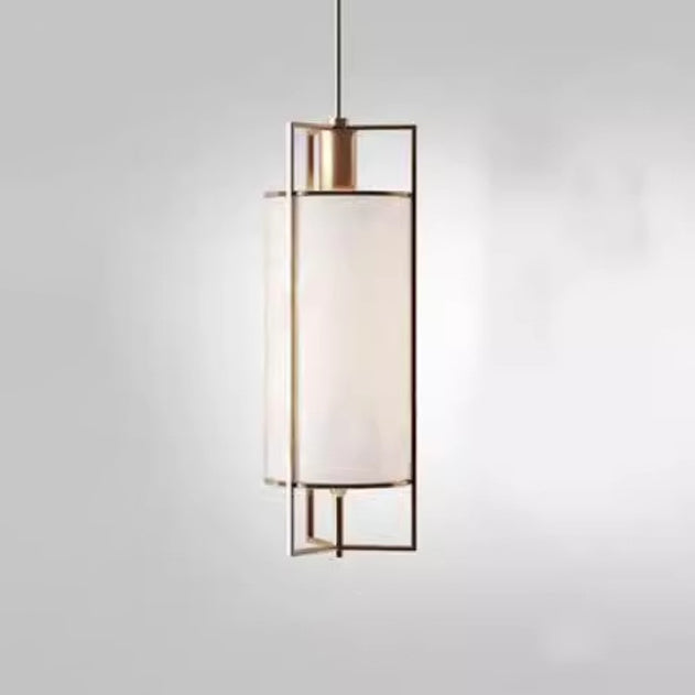 Traditional Chinese Iron Fabric Cylinder Lantern 1-Light Pendant Light For Dining Room