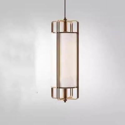 Traditional Chinese Iron Fabric Cylinder Lantern 1-Light Pendant Light For Dining Room