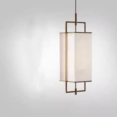 Traditional Chinese Iron Fabric Cylinder Lantern 1-Light Pendant Light For Dining Room