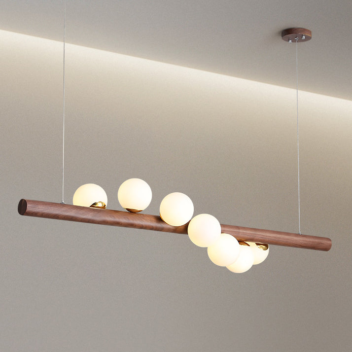 Lustre contemporain en bois de caoutchouc créatif, noyer, laiton, verre, bande, boule, 5/7 lumières pour salle à manger 