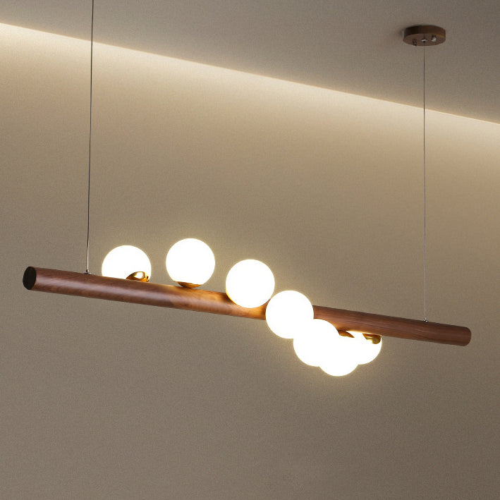 Lustre contemporain en bois de caoutchouc créatif, noyer, laiton, verre, bande, boule, 5/7 lumières pour salle à manger 