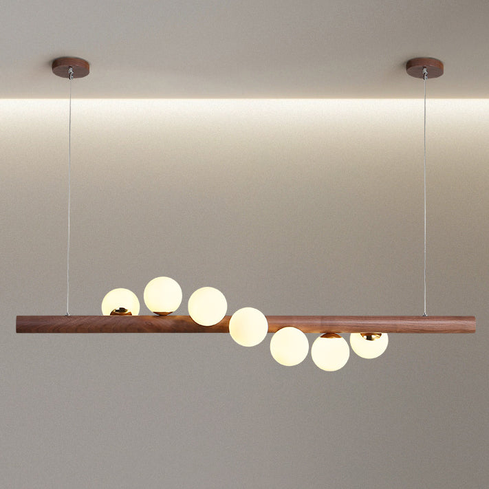 Lustre contemporain en bois de caoutchouc créatif, noyer, laiton, verre, bande, boule, 5/7 lumières pour salle à manger 