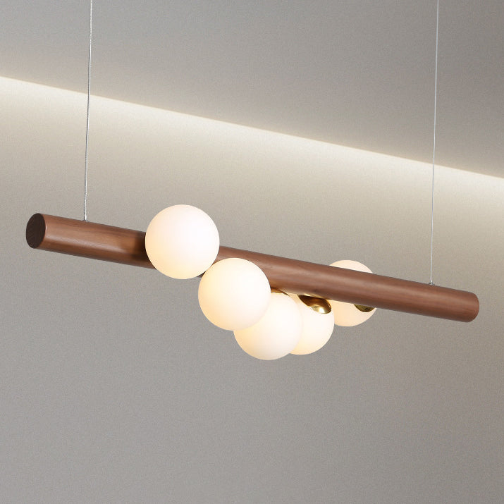 Lustre contemporain en bois de caoutchouc créatif, noyer, laiton, verre, bande, boule, 5/7 lumières pour salle à manger 