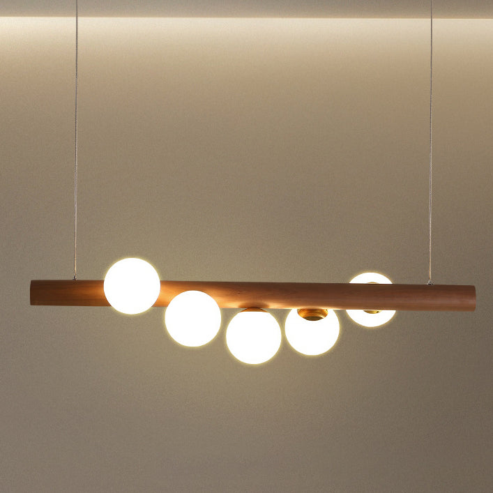 Lustre contemporain en bois de caoutchouc créatif, noyer, laiton, verre, bande, boule, 5/7 lumières pour salle à manger 