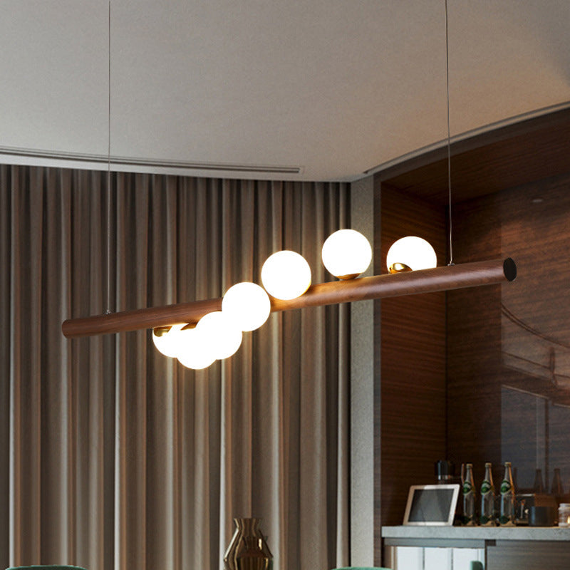 Lustre contemporain en bois de caoutchouc créatif, noyer, laiton, verre, bande, boule, 5/7 lumières pour salle à manger 