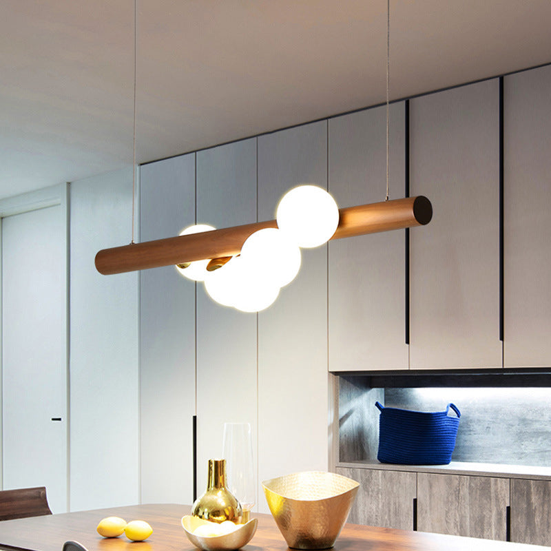 Lustre contemporain en bois de caoutchouc créatif, noyer, laiton, verre, bande, boule, 5/7 lumières pour salle à manger 