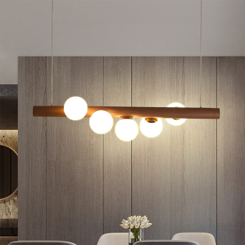 Lustre contemporain en bois de caoutchouc créatif, noyer, laiton, verre, bande, boule, 5/7 lumières pour salle à manger 