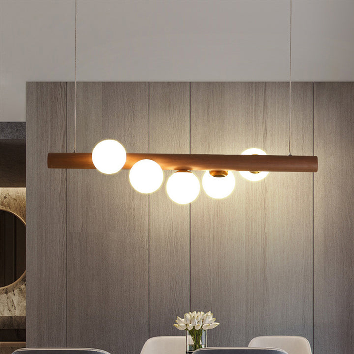 Lustre contemporain en bois de caoutchouc créatif, noyer, laiton, verre, bande, boule, 5/7 lumières pour salle à manger 