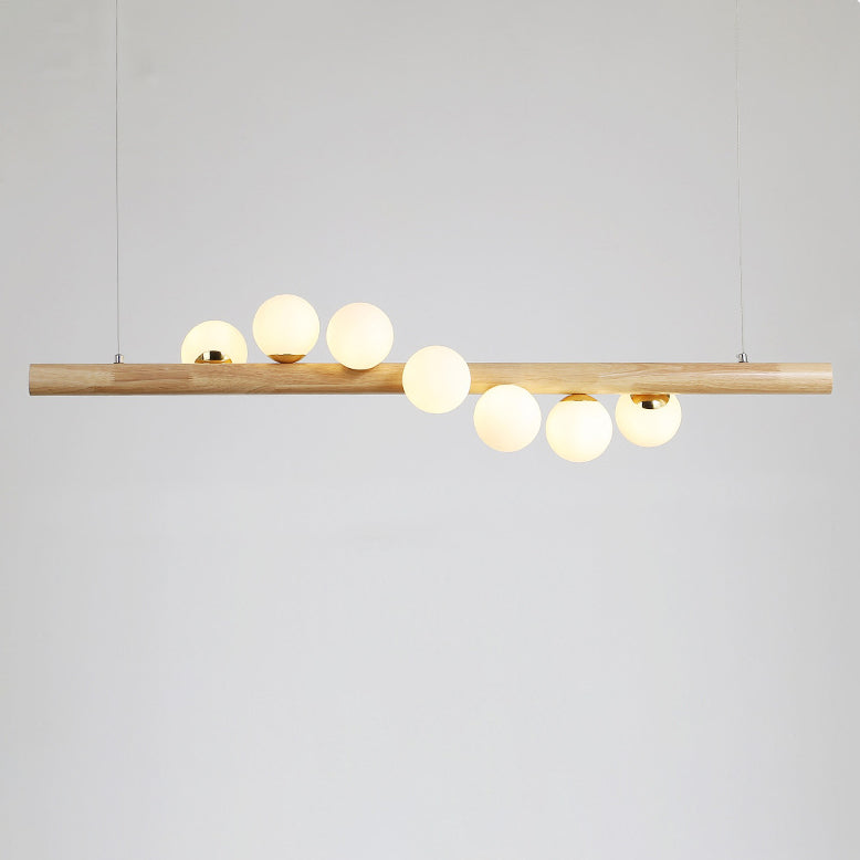Lustre contemporain en bois de caoutchouc créatif, noyer, laiton, verre, bande, boule, 5/7 lumières pour salle à manger 