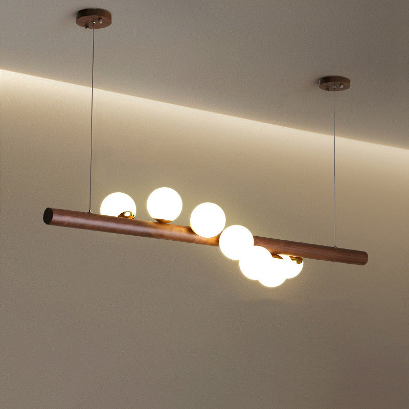Lustre contemporain en bois de caoutchouc créatif, noyer, laiton, verre, bande, boule, 5/7 lumières pour salle à manger 