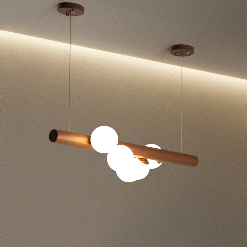 Lustre contemporain en bois de caoutchouc créatif, noyer, laiton, verre, bande, boule, 5/7 lumières pour salle à manger 