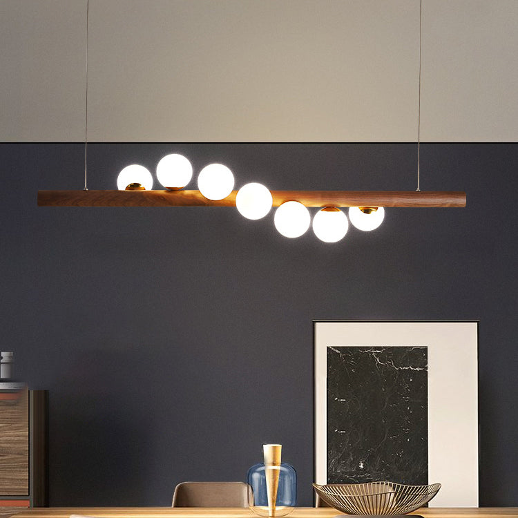 Lustre contemporain en bois de caoutchouc créatif, noyer, laiton, verre, bande, boule, 5/7 lumières pour salle à manger 