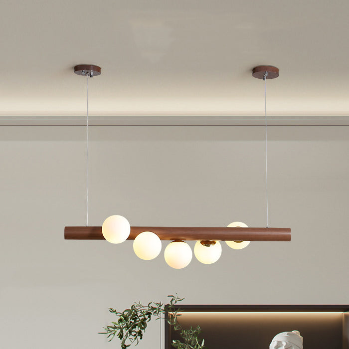 Lustre contemporain en bois de caoutchouc créatif, noyer, laiton, verre, bande, boule, 5/7 lumières pour salle à manger 